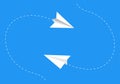 Paper planes following a path. Airplane track or route with dotted lines. Vector illustration